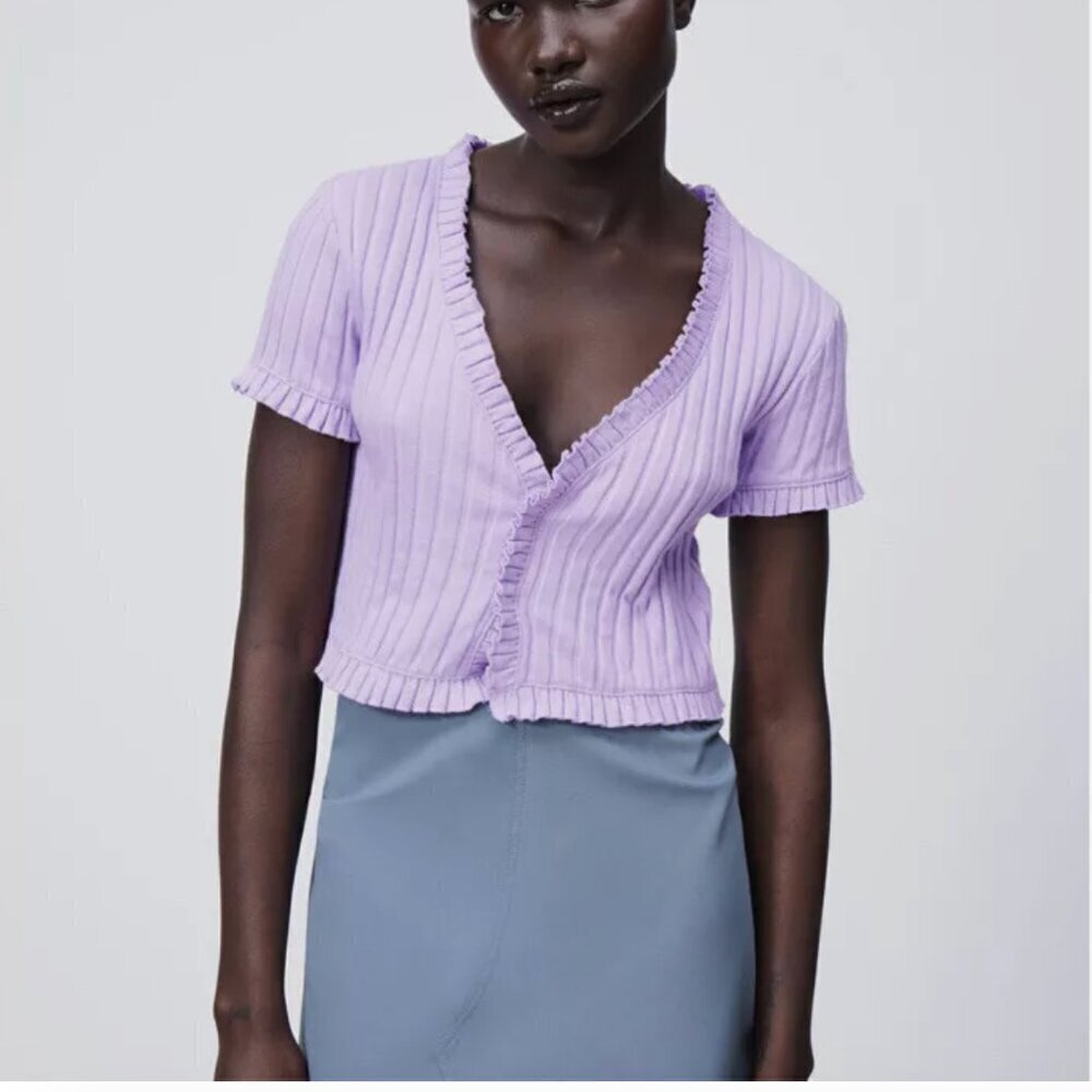 Zara Purple Cropped Ribbed Ruffle Top (Size Medium  , Large) NWT
